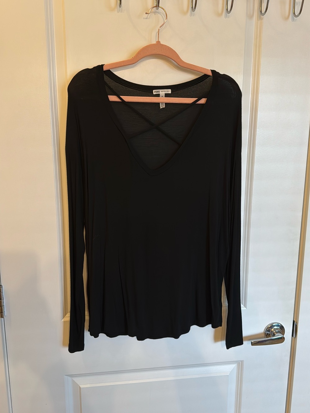 PINK Victoria's Secret Black Long-Sleeve V-Neck Top with Crisscross Front Size M